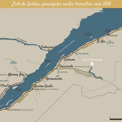 Carte en couleurs de l’est du Québec présentant les principales routes construites vers 1830.